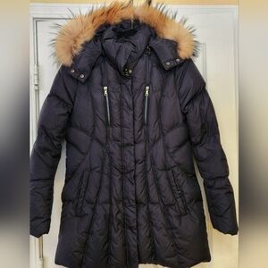Size L - ANDREW MARC New York Duck Down Black Real Faux Fur Hooded Jacket